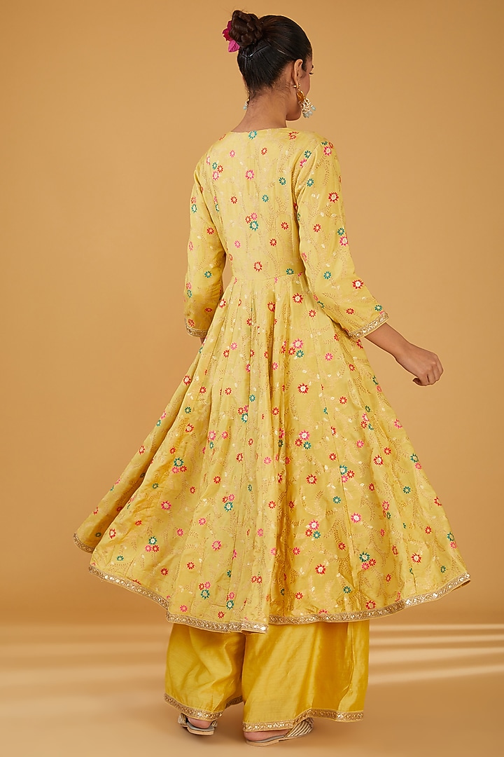Yellow Woven Brocade Floral Printed Party Wear Anarkali Set by Aharin India at Pernia's Pop Up Shop