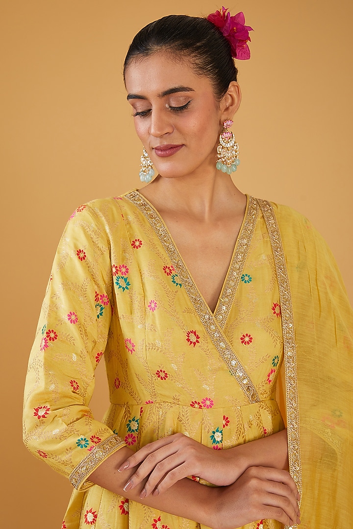 Yellow Woven Brocade Floral Printed Party Wear Anarkali Set by Aharin India at Pernia's Pop Up Shop