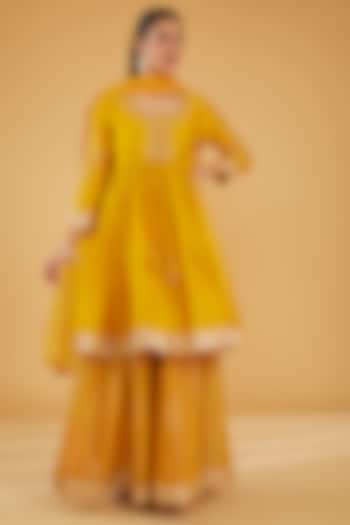 Yellow Silk Blend Zari Embroidered Wedding Anarkali Set by Aharin India at Pernia's Pop Up Shop