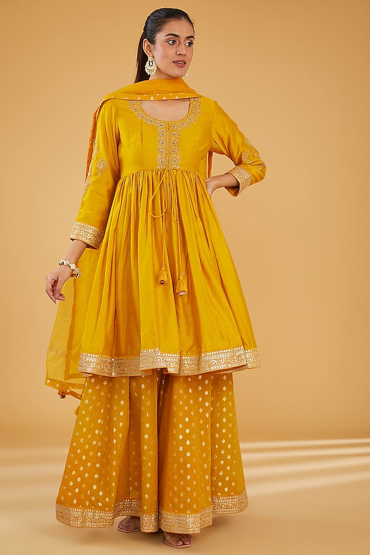Yellow Silk Blend Zari Embroidered Wedding Anarkali Set by Aharin India at Pernia's Pop Up Shop