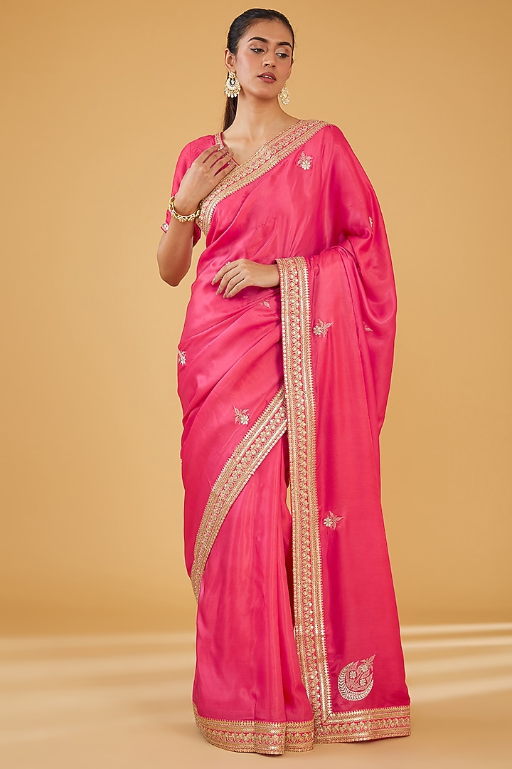 Pink Silk Blend Zari Embroidered Wedding Saree Set by Aharin India at Pernia's Pop Up Shop