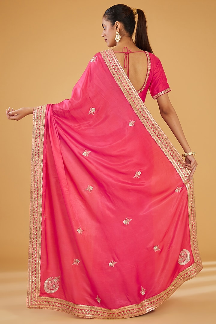 Pink Silk Blend Zari Embroidered Wedding Saree Set by Aharin India at Pernia's Pop Up Shop