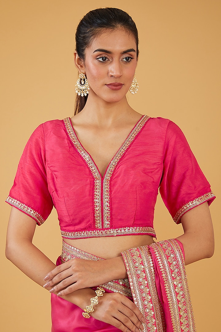 Pink Silk Blend Zari Embroidered Wedding Saree Set by Aharin India at Pernia's Pop Up Shop