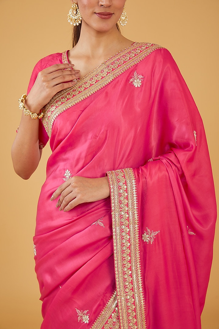 Pink Silk Blend Zari Embroidered Wedding Saree Set by Aharin India at Pernia's Pop Up Shop