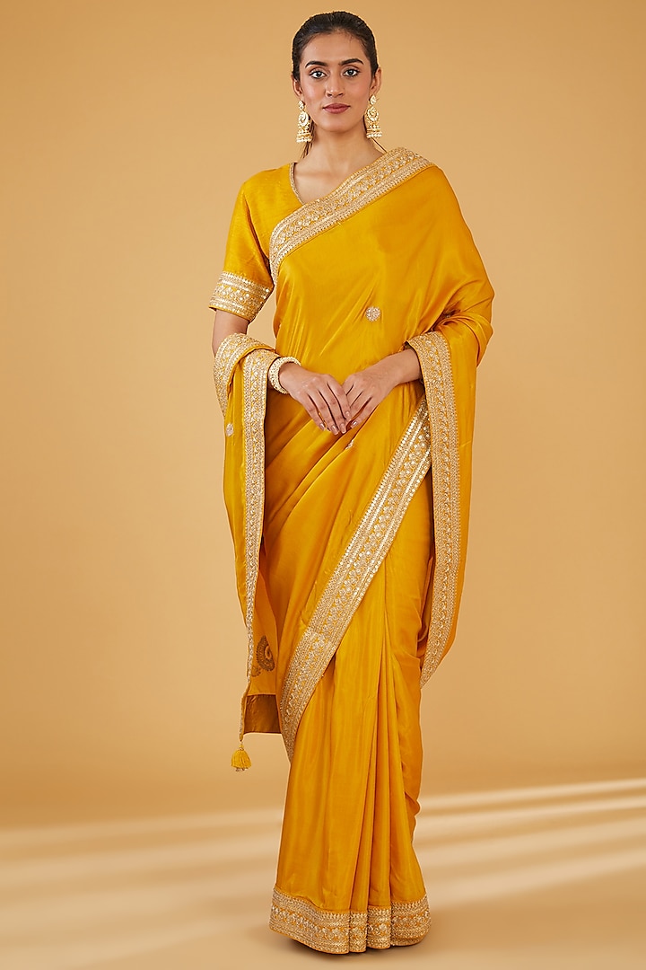 Yellow Silk Blend Zari Embroidered Saree Set Design by Aharin India at ...