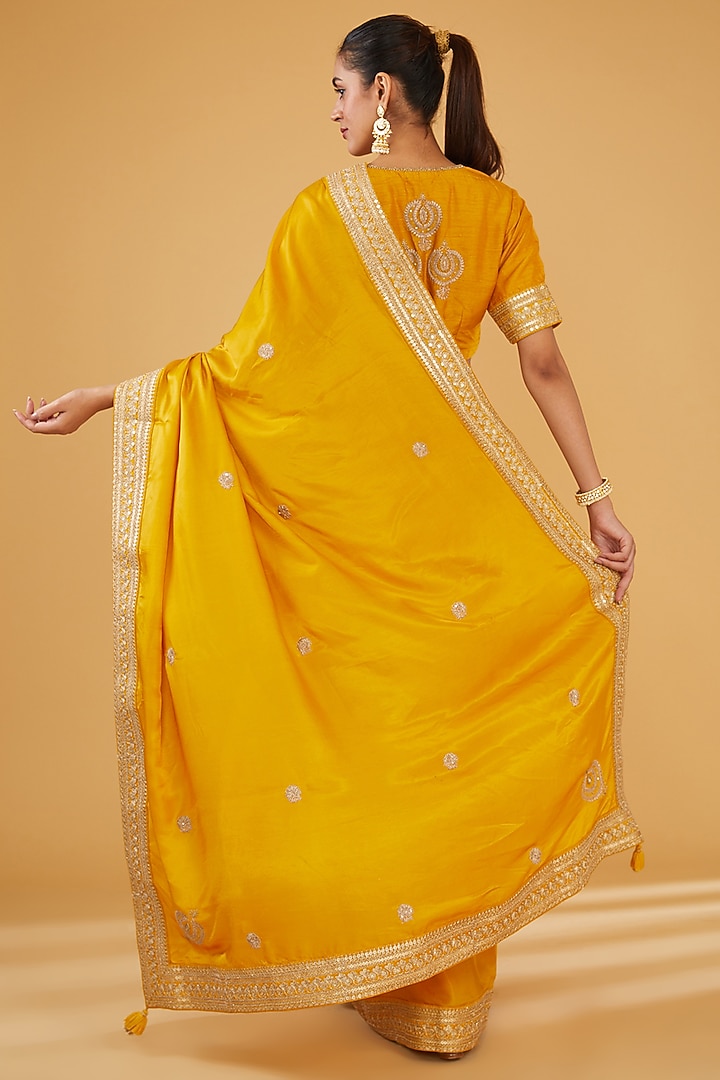 Yellow Silk Blend Zari Embroidered Wedding Saree Set by Aharin India at Pernia's Pop Up Shop