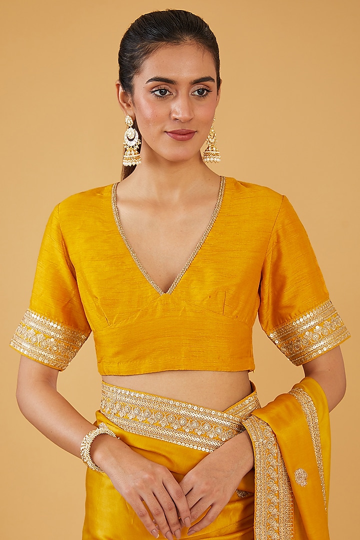 Yellow Silk Blend Zari Embroidered Wedding Saree Set by Aharin India at Pernia's Pop Up Shop