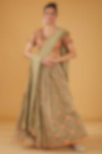 Olive Green Silk Blend Wedding Lehenga Set by Aharin India at Pernia's Pop Up Shop