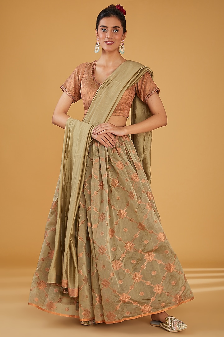 Olive Green Silk Blend Wedding Lehenga Set by Aharin India at Pernia's Pop Up Shop
