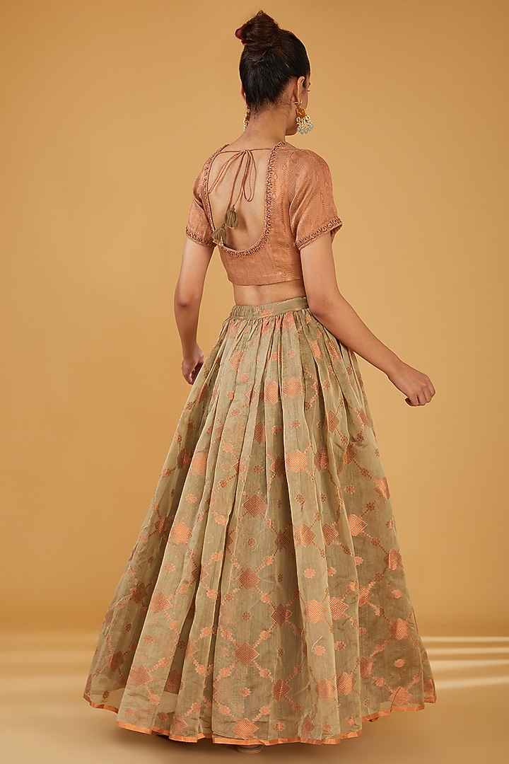 Olive Green Silk Blend Wedding Lehenga Set by Aharin India at Pernia's Pop Up Shop