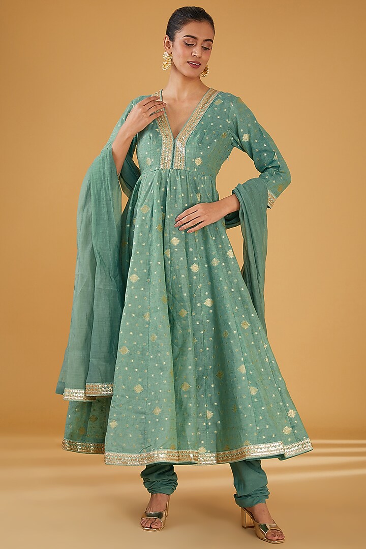 Green Brocade Zari Embroidered Wedding Anarkali Set by Aharin India at Pernia's Pop Up Shop