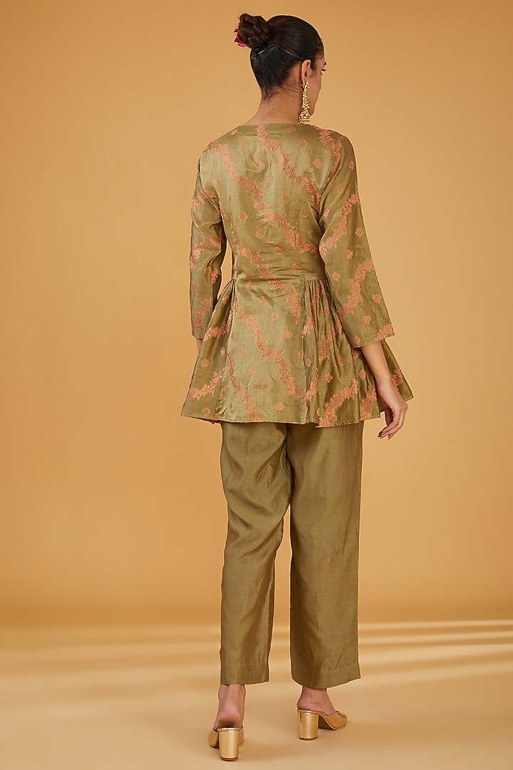 Olive Green Silk Blend Zari Embroidered Co-Ord Set by Aharin India at Pernia's Pop Up Shop