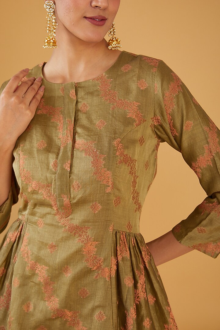 Olive Green Silk Blend Zari Embroidered Co-Ord Set by Aharin India at Pernia's Pop Up Shop