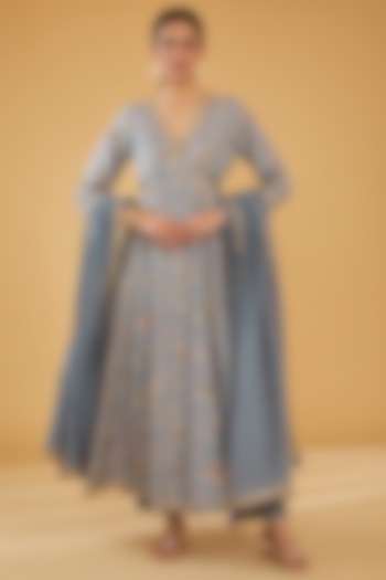 Grey Silk Blend Floral Printed & Zari Embroidered Party Wear Anarkali Set by Aharin India at Pernia's Pop Up Shop