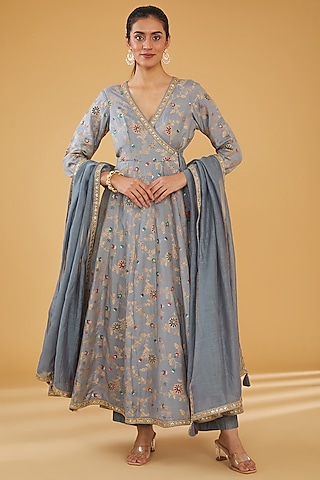 Grey Silk Blend Floral Printed & Zari Embroidered Anarkali Set by Aharin India