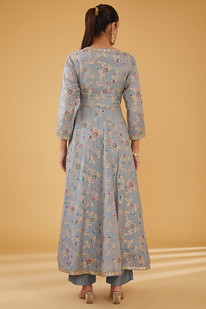 Grey Silk Blend Floral Printed & Zari Embroidered Party Wear Anarkali Set by Aharin India at Pernia's Pop Up Shop