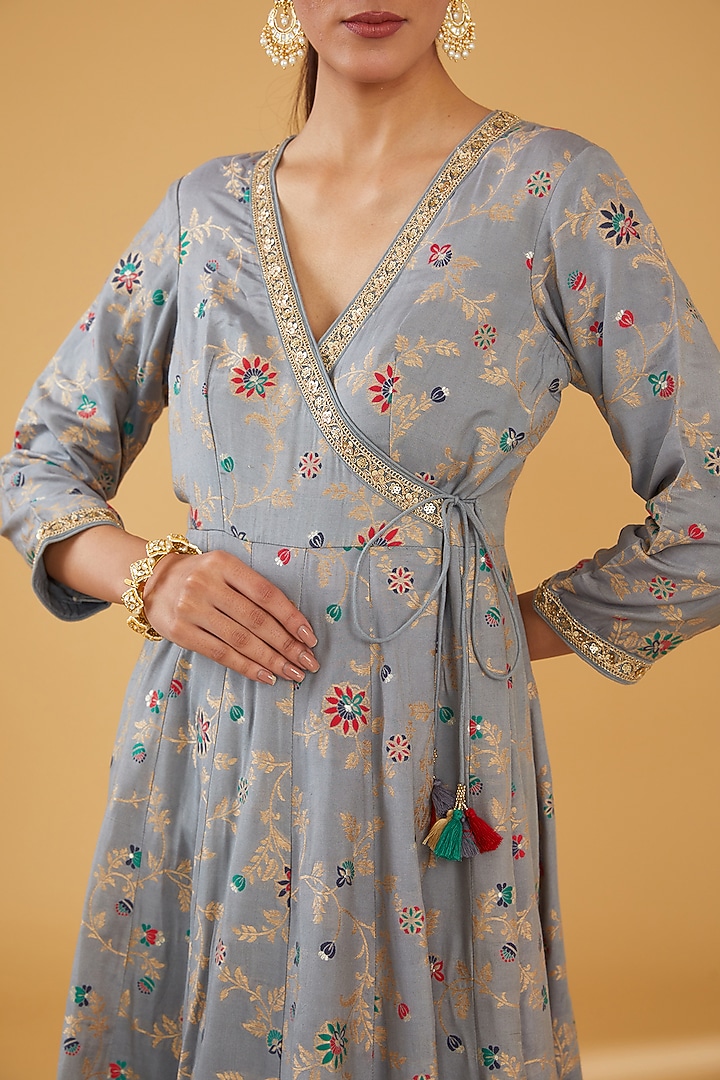 Grey Silk Blend Floral Printed & Zari Embroidered Party Wear Anarkali Set by Aharin India at Pernia's Pop Up Shop