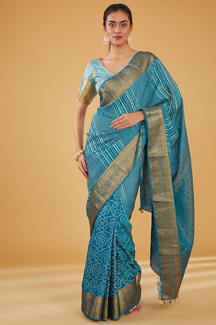 Blue Silk Blend Zari Embroidered Party Wear Saree Set by Aharin India at Pernia's Pop Up Shop