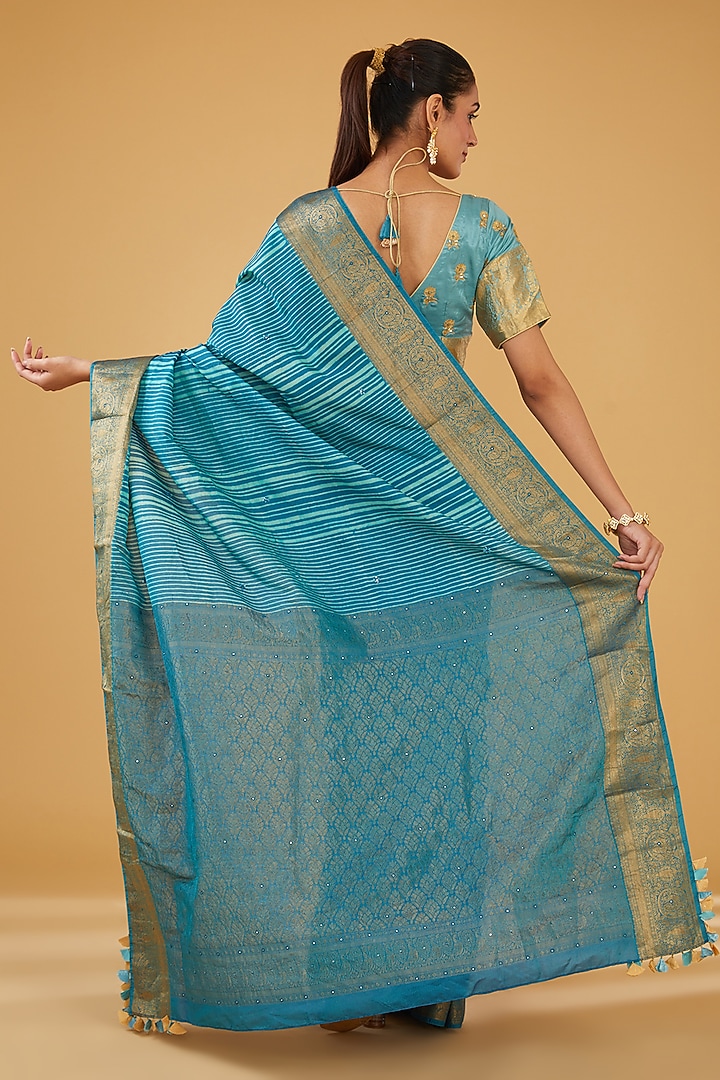 Blue Silk Blend Zari Embroidered Party Wear Saree Set by Aharin India at Pernia's Pop Up Shop