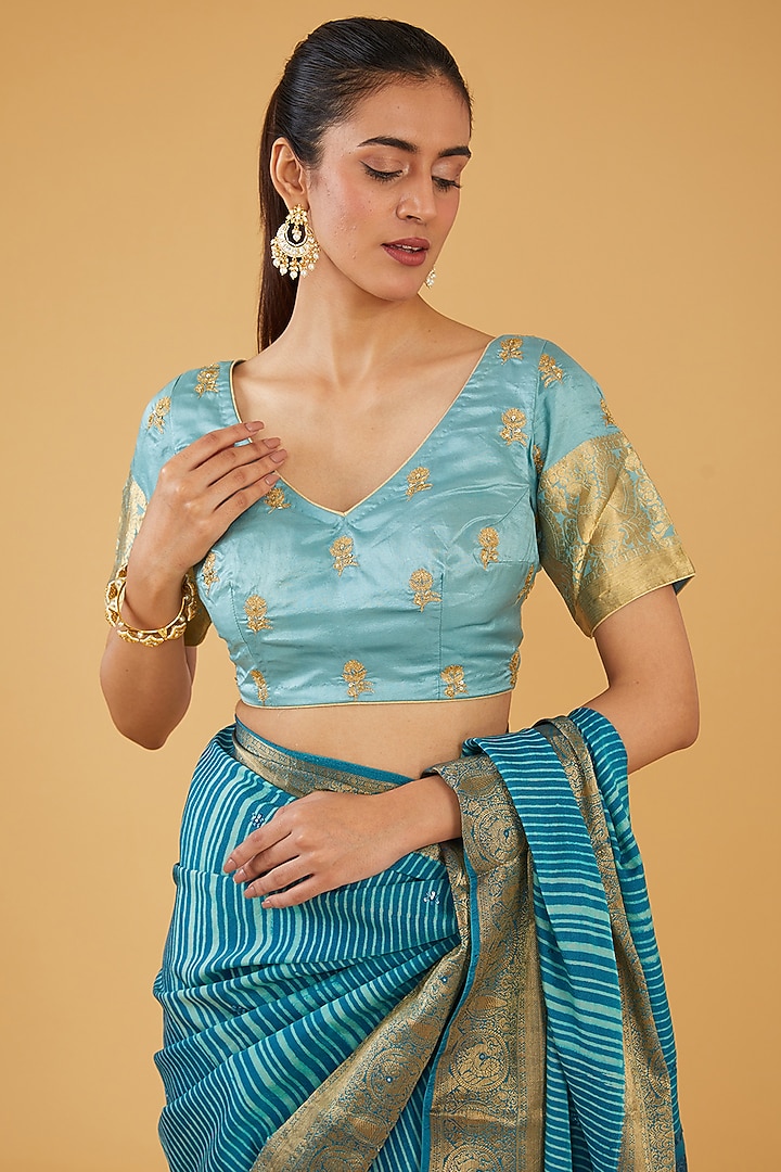 Blue Silk Blend Zari Embroidered Party Wear Saree Set by Aharin India at Pernia's Pop Up Shop