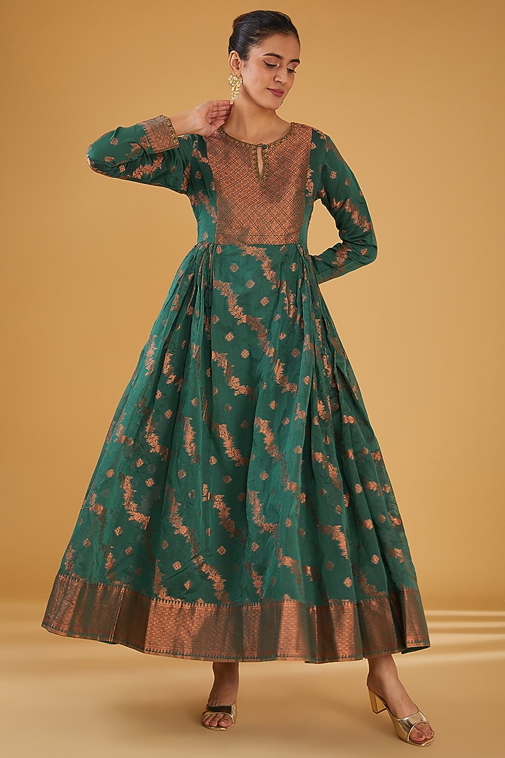 Green Silk Blend Zari Embroidered Party Wear Anarkali Set by Aharin India at Pernia's Pop Up Shop