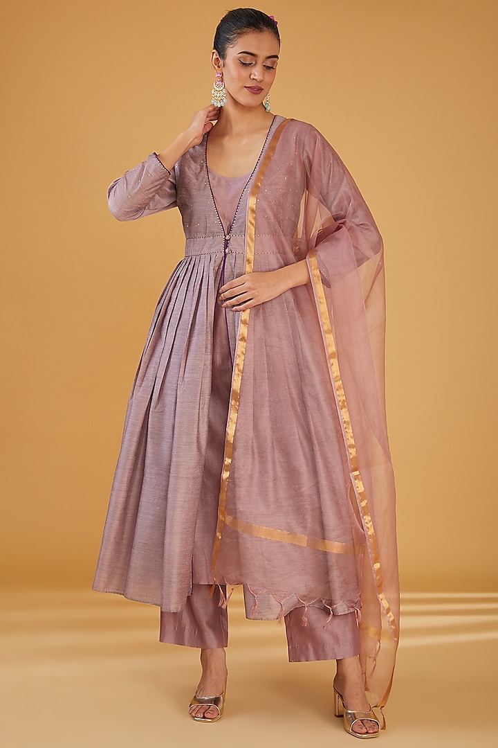 Mauve Silk Blend Zari Embroidered Anarkali Set by Aharin India at Pernia's Pop Up Shop