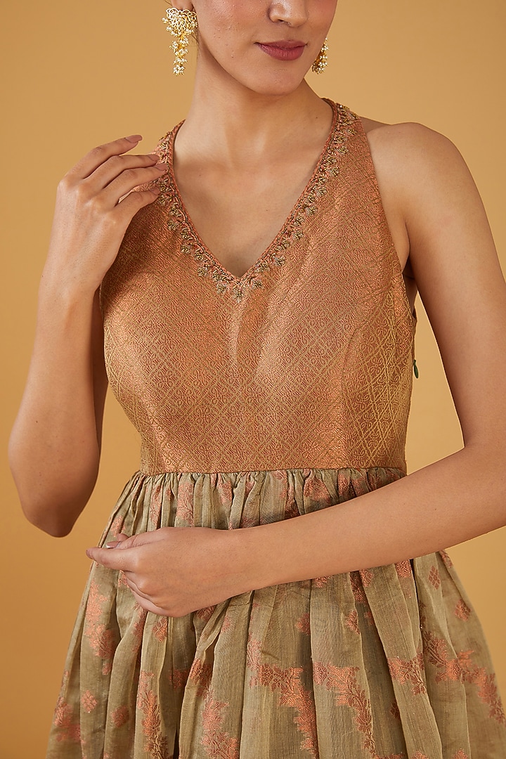 Olive Green Silk Blend & Viscose Brocade Embroidered Party Wear Anarkali Set by Aharin India at Pernia's Pop Up Shop