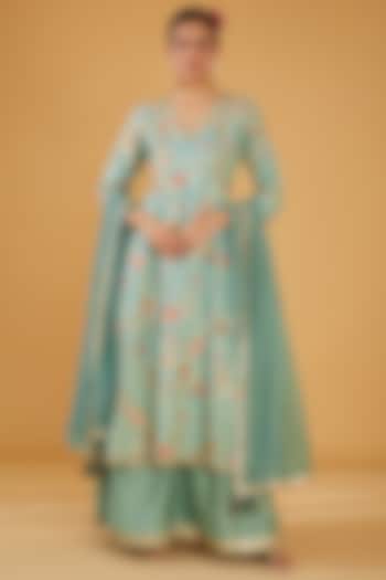 Green Silk Blend & Viscose Zari Embroidered Wedding Anarkali Set by Aharin India at Pernia's Pop Up Shop
