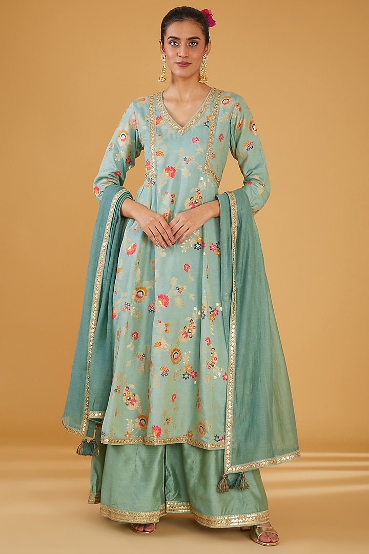 Green Silk Blend & Viscose Zari Embroidered Wedding Anarkali Set by Aharin India at Pernia's Pop Up Shop