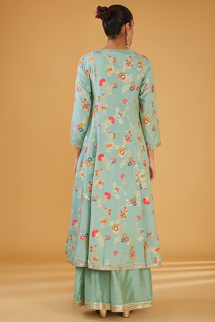 Green Silk Blend & Viscose Zari Embroidered Wedding Anarkali Set by Aharin India at Pernia's Pop Up Shop