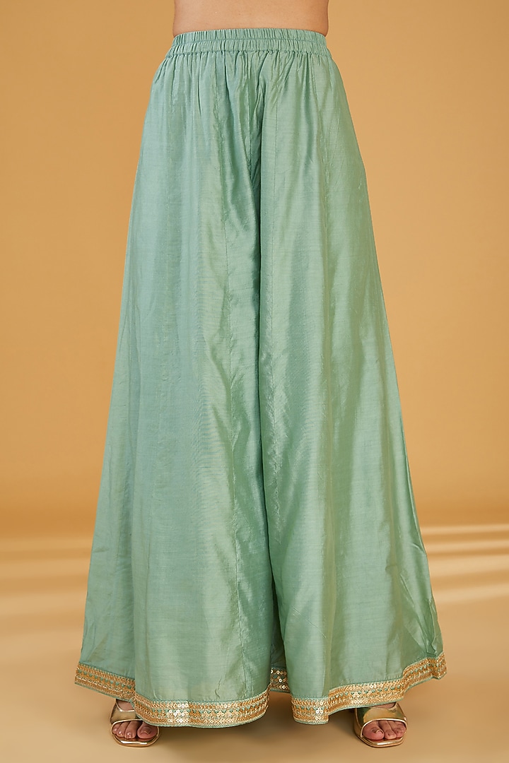 Green Silk Blend & Viscose Zari Embroidered Wedding Anarkali Set by Aharin India at Pernia's Pop Up Shop