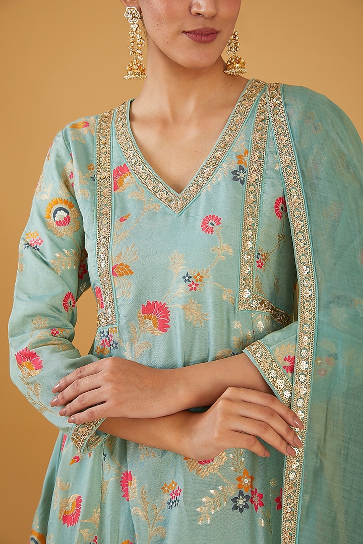 Green Silk Blend & Viscose Zari Embroidered Wedding Anarkali Set by Aharin India at Pernia's Pop Up Shop