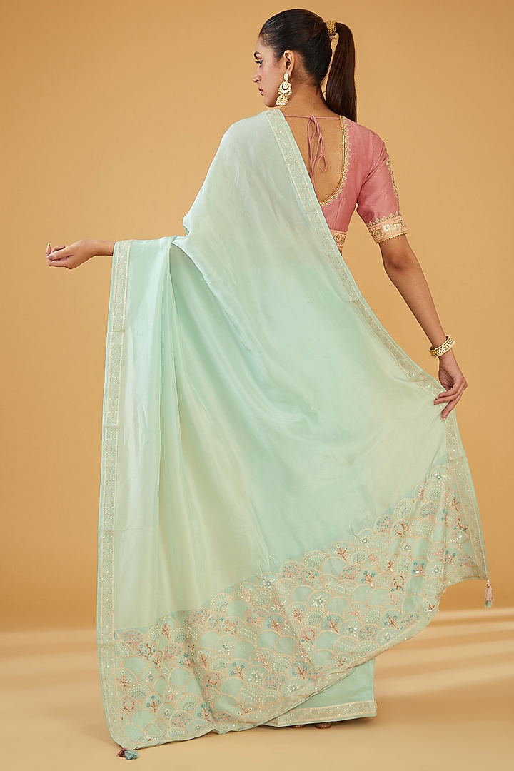 Green Silk Blend & Viscose Zari Embroidered Wedding Saree Set by Aharin India at Pernia's Pop Up Shop