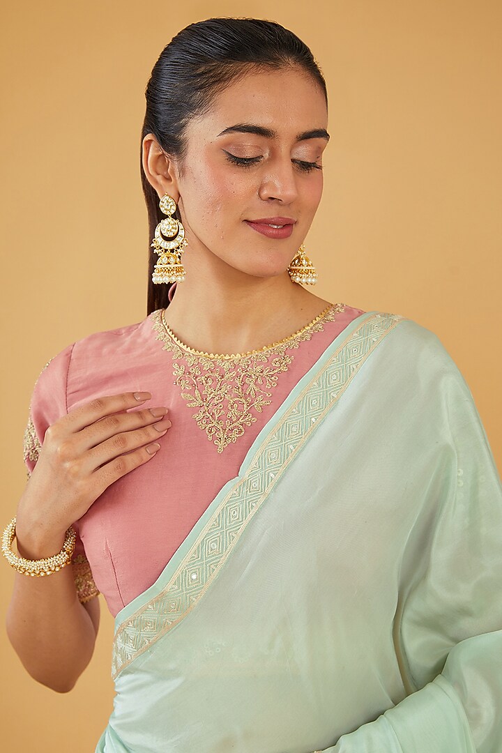 Green Silk Blend & Viscose Zari Embroidered Wedding Saree Set by Aharin India at Pernia's Pop Up Shop