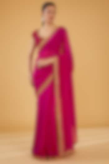 Red Silk Blend & Viscose Zari Embroidered Wedding Saree Set by Aharin India at Pernia's Pop Up Shop