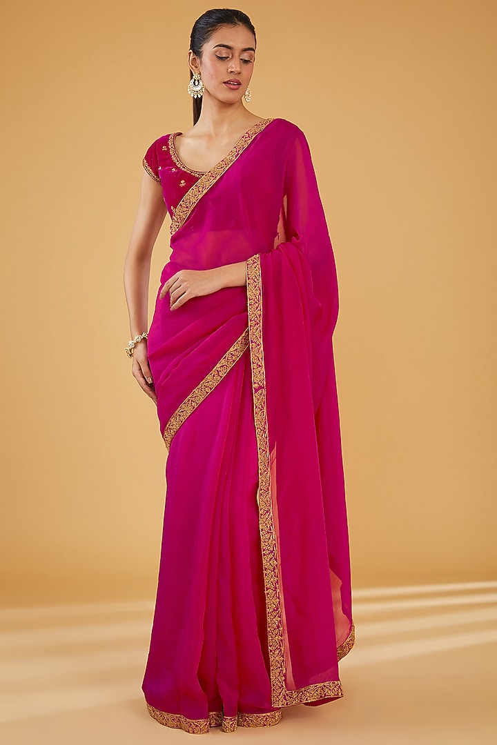 Red Silk Blend & Viscose Zari Embroidered Wedding Saree Set by Aharin India at Pernia's Pop Up Shop