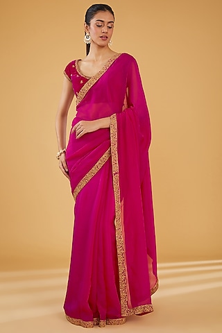 Red Silk Blend & Viscose Zari Embroidered Saree Set by Aharin India