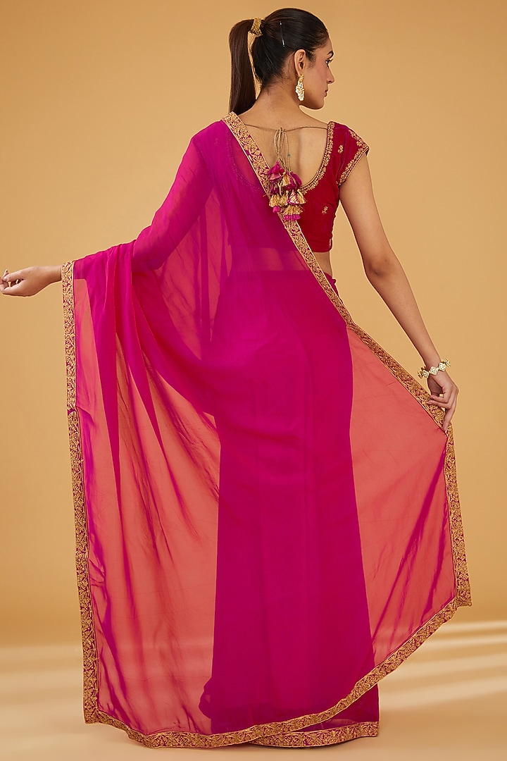 Red Silk Blend & Viscose Zari Embroidered Wedding Saree Set by Aharin India at Pernia's Pop Up Shop