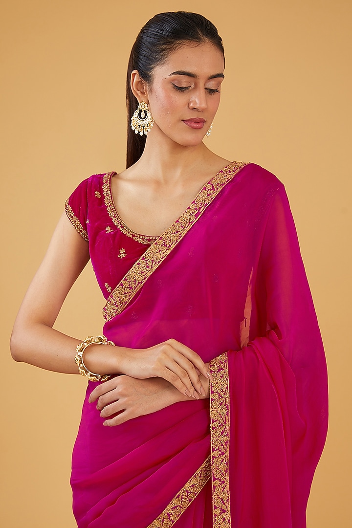 Red Silk Blend & Viscose Zari Embroidered Wedding Saree Set by Aharin India at Pernia's Pop Up Shop