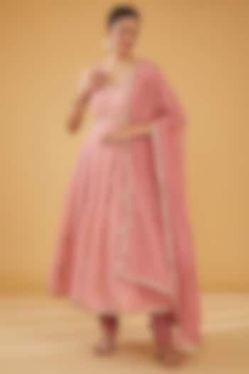 Onion Pink Silk Blend & Viscose Brocade Embroidered Party Wear Anarkali Set by Aharin India at Pernia's Pop Up Shop