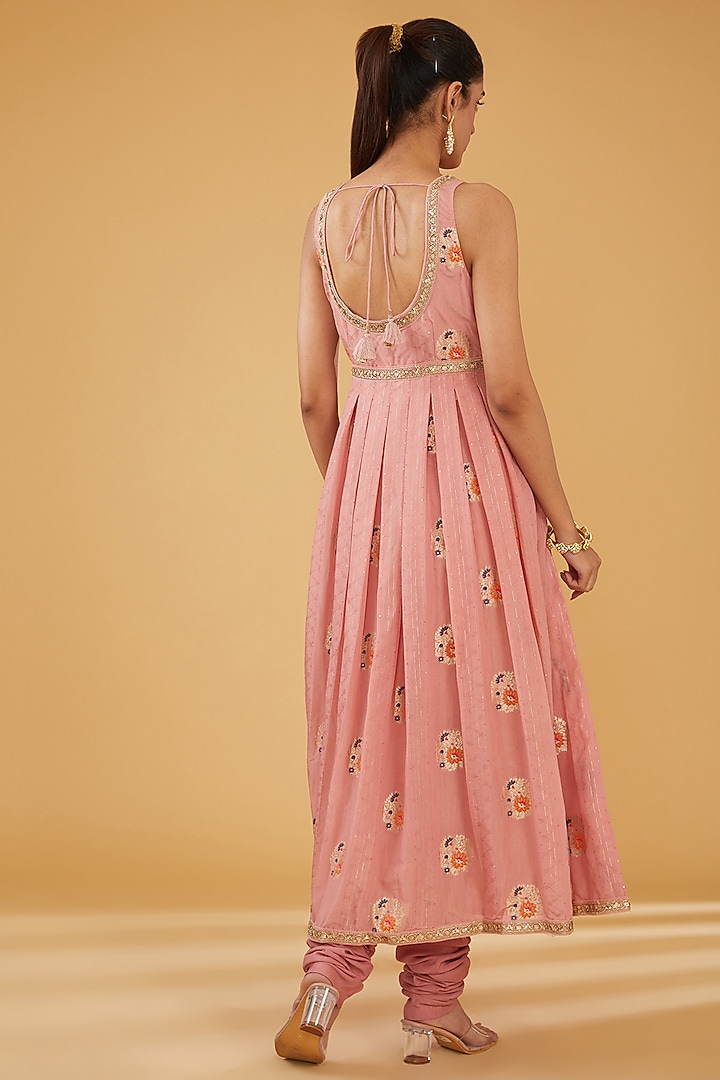 Onion Pink Silk Blend & Viscose Brocade Embroidered Party Wear Anarkali Set by Aharin India at Pernia's Pop Up Shop
