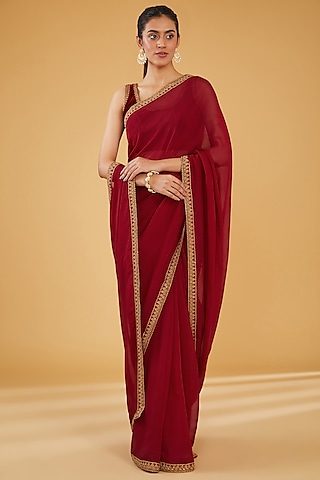 Maroon Silk Blend & Viscose Zari Embroidered Saree Set by Aharin India