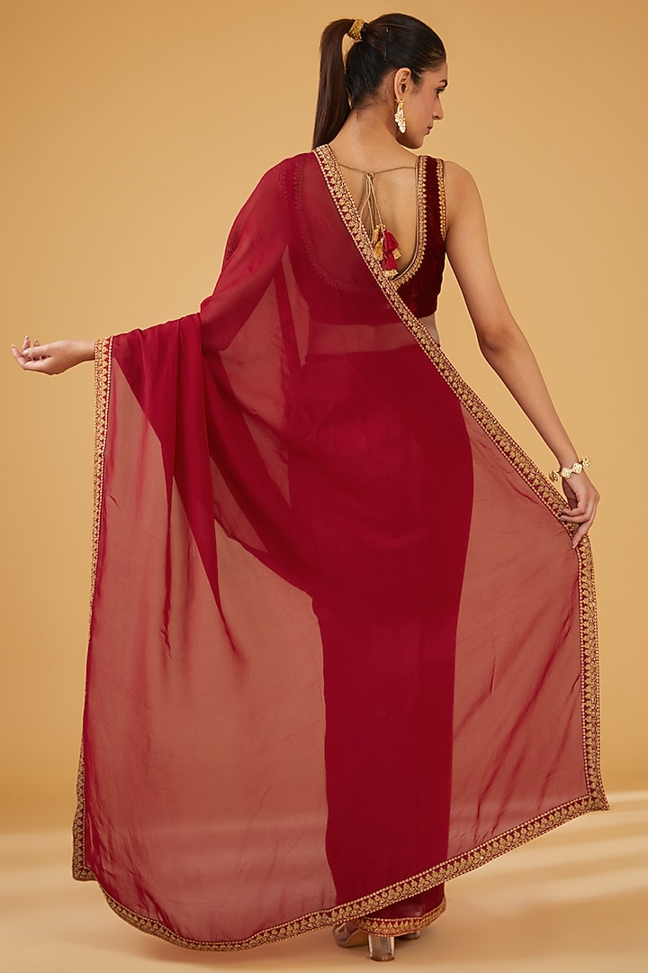 Maroon Silk Blend & Viscose Zari Embroidered Wedding Saree Set by Aharin India at Pernia's Pop Up Shop