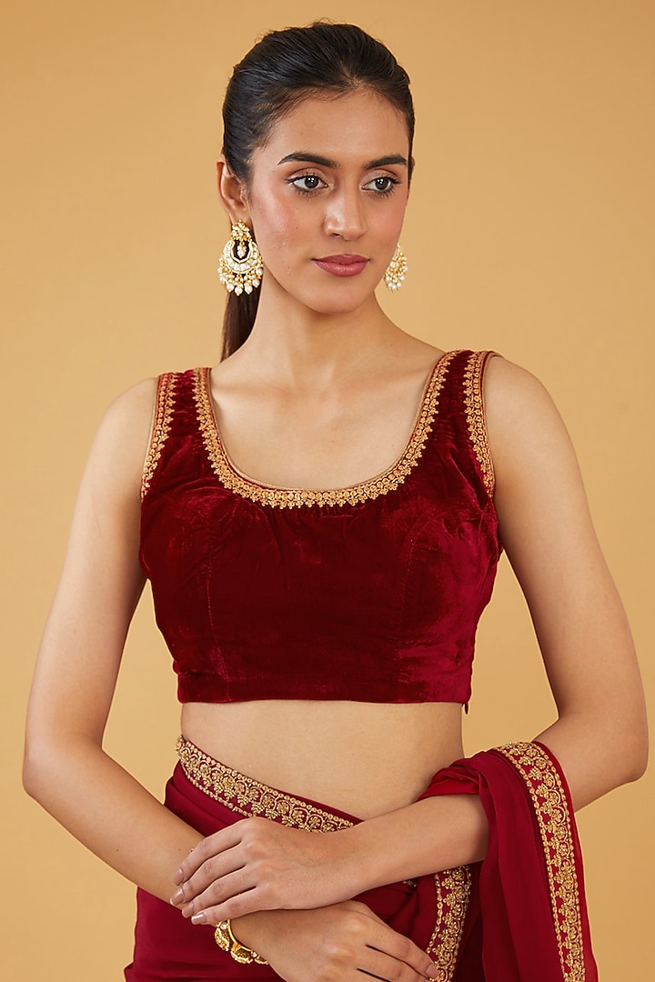 Maroon Silk Blend & Viscose Zari Embroidered Wedding Saree Set by Aharin India at Pernia's Pop Up Shop
