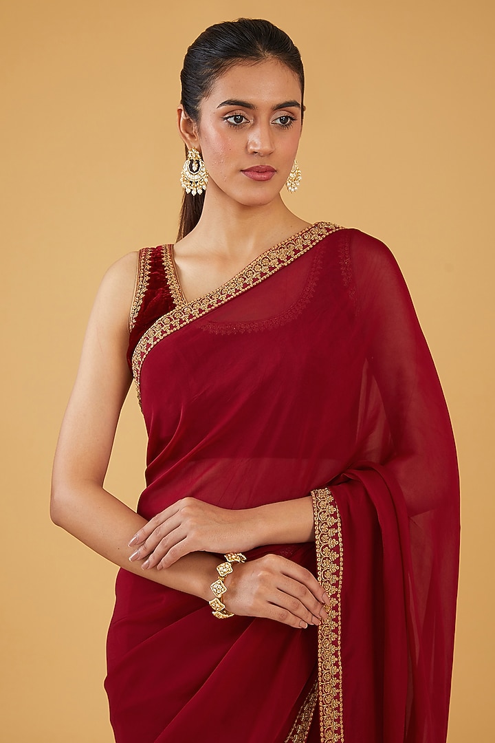 Maroon Silk Blend & Viscose Zari Embroidered Wedding Saree Set by Aharin India at Pernia's Pop Up Shop