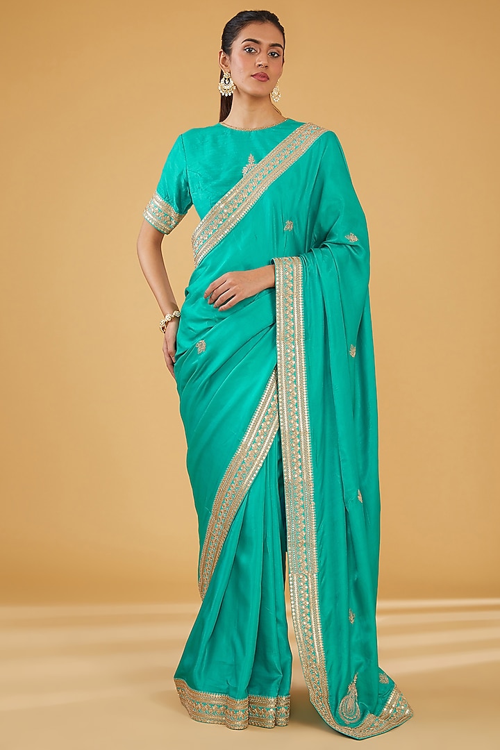 Turquoise Silk Blend & Viscose Zari Embroidered Saree Set by Aharin India
