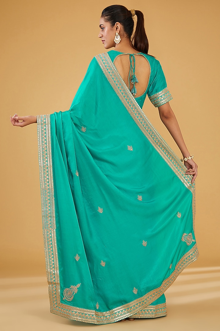 Turquoise Silk Blend & Viscose Zari Embroidered Wedding Saree Set by Aharin India at Pernia's Pop Up Shop
