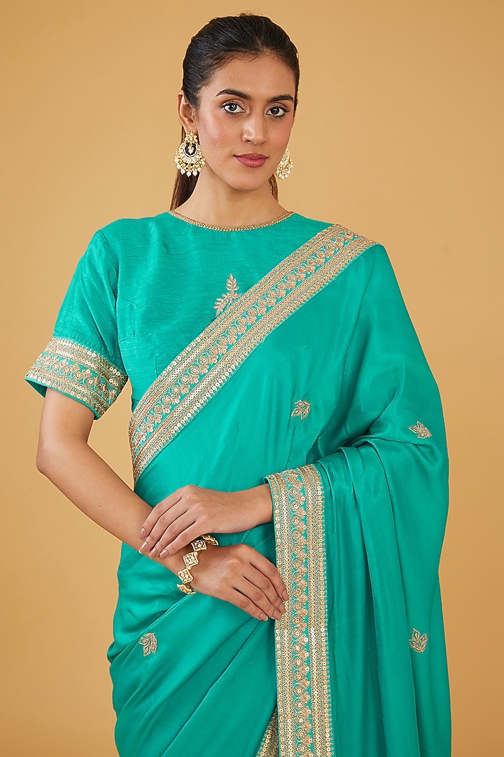 Turquoise Silk Blend & Viscose Zari Embroidered Wedding Saree Set by Aharin India at Pernia's Pop Up Shop