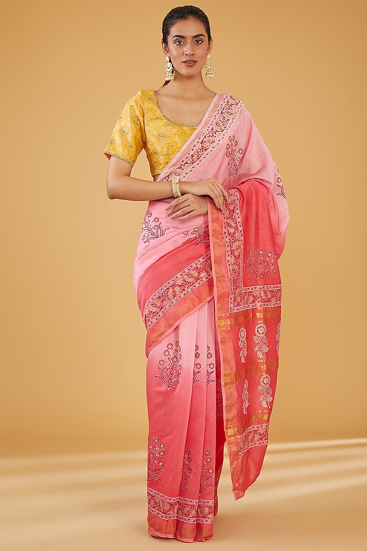 Pink Silk Blend & Viscose Floral Embroidered Party Wear Saree Set by Aharin India at Pernia's Pop Up Shop