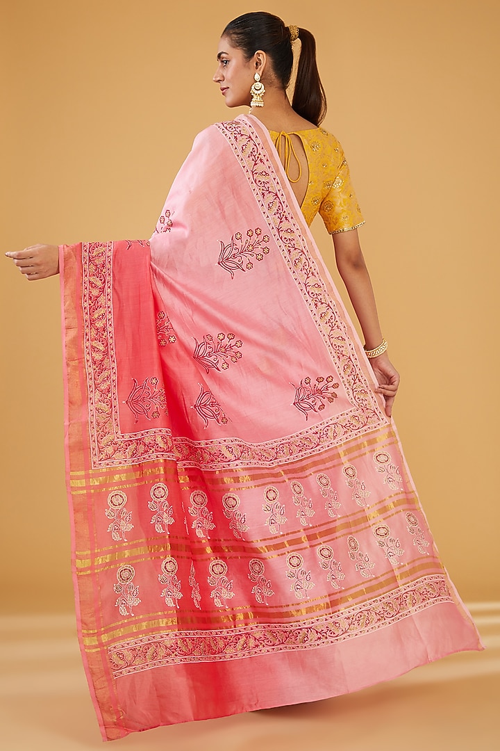 Pink Silk Blend & Viscose Floral Embroidered Party Wear Saree Set by Aharin India at Pernia's Pop Up Shop